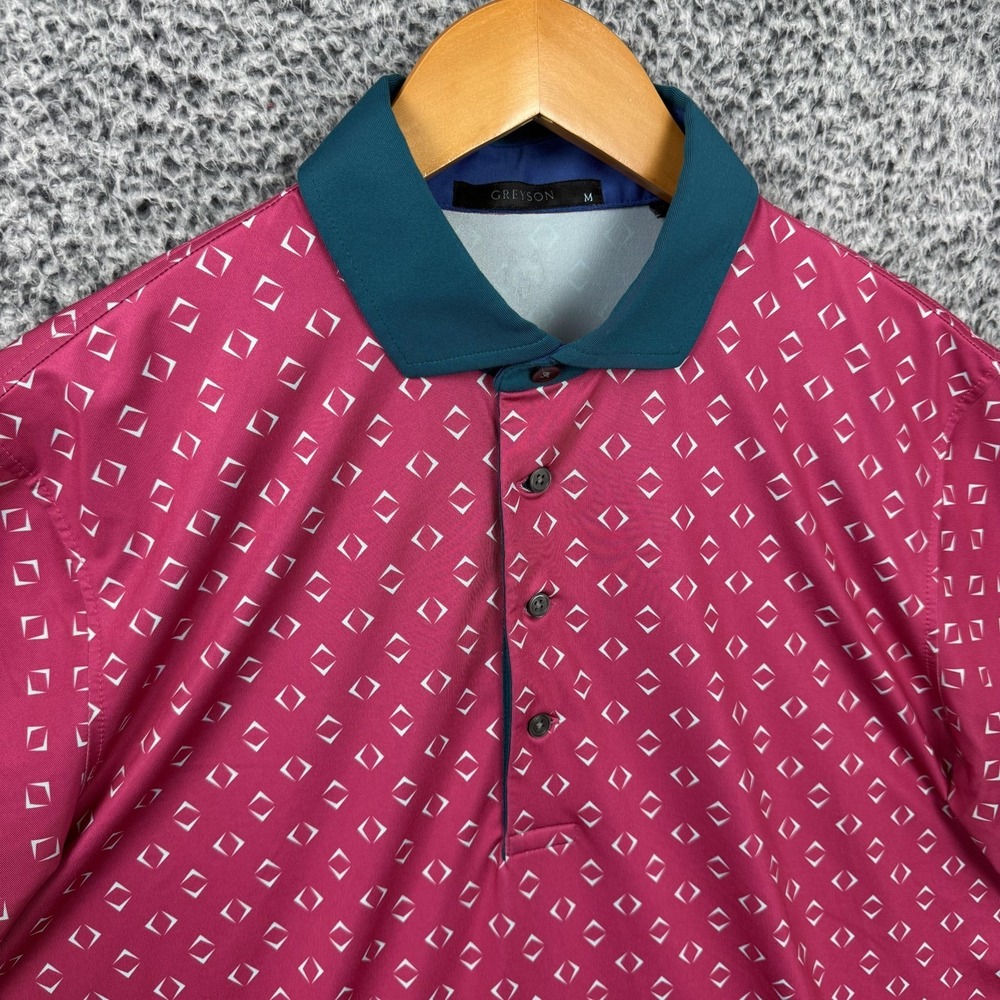Greyson Shirt Mens Medium Pink Geometric Print Golf Polo Contrast Collar Logo - Picture 5 of 10